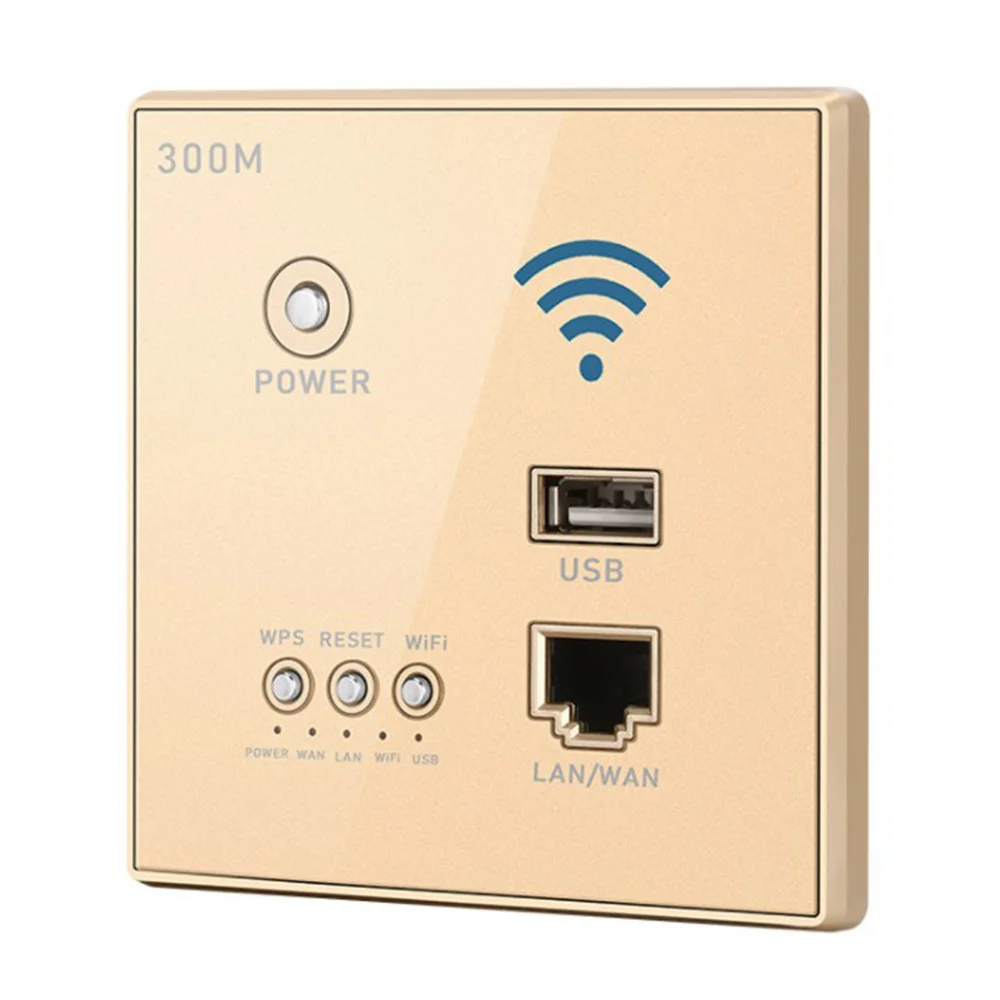 Wireless WiFi Socket Rj45, AP Relay Smart USB Socket, Crystal Glass Panel, 300Mbps Embedded Wall WIFI Router, Gold