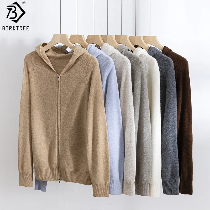 Birdtree 100% Sheep Wool Hooded Knitted Cardigan,Woman Zipper Full Sleeve Hoodies,2025 Autumn Soft Bottoming Sweater T59828JF