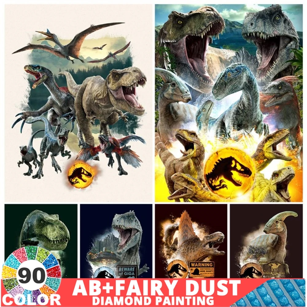 90 Colour AB Fairy Dust Dinosaur Diamond Painting Jurassic World Cross Stitch Movie 5D Full Embroidery Animal Decor DIY