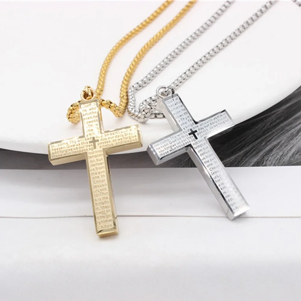 60cm Stainless Steel Silver-Color Letter Cross Pendant Necklace Men Women Neck Hanging Jewelry Wholesale Free Shipping