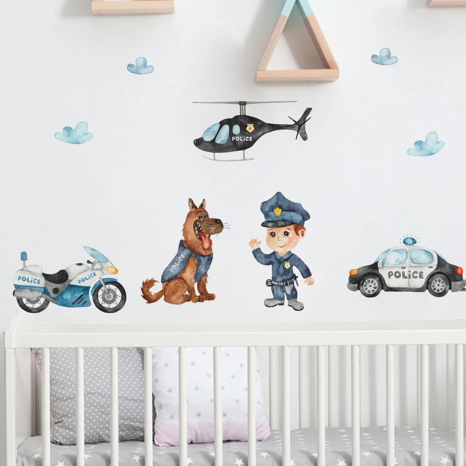 Cartoon Cute Police Helicopter Wall Sticker For Kids Room Bedroom Background Watercolor Decor Self Adhesive Home Decoration