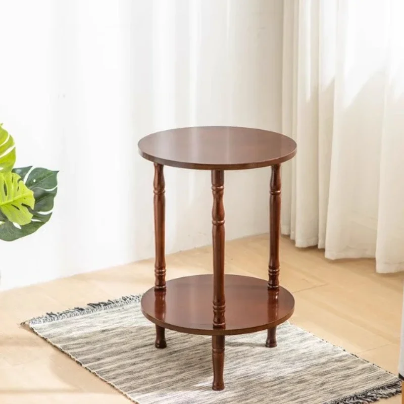 Solid Wood Round End Table Balcony Side Table Bedside Two Layers Coffee Table Handcrafted Small Wooden Desk