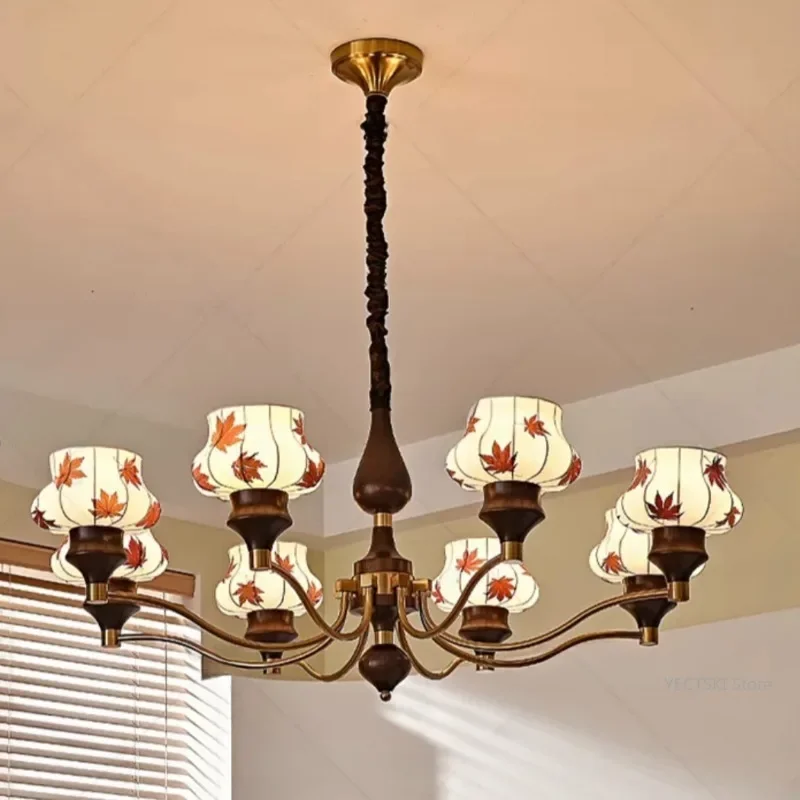 

GHJUYIOL Living room antique chandelier, French retro copper bedroom light, luxurious and high-end, imitation silk maple leaf re
