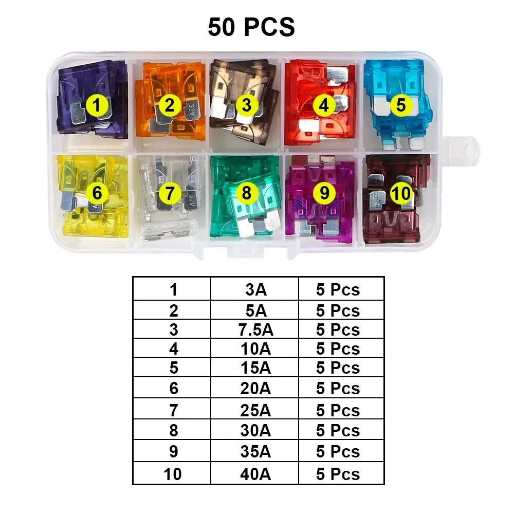 Auto Blade Type Fuse Set with Box 2A 3A 5A 7.5A 10A 15A 20A 25A 30A 35A 40A Amp 50/100 Pcs Car Truck Fuses Clip Assortment