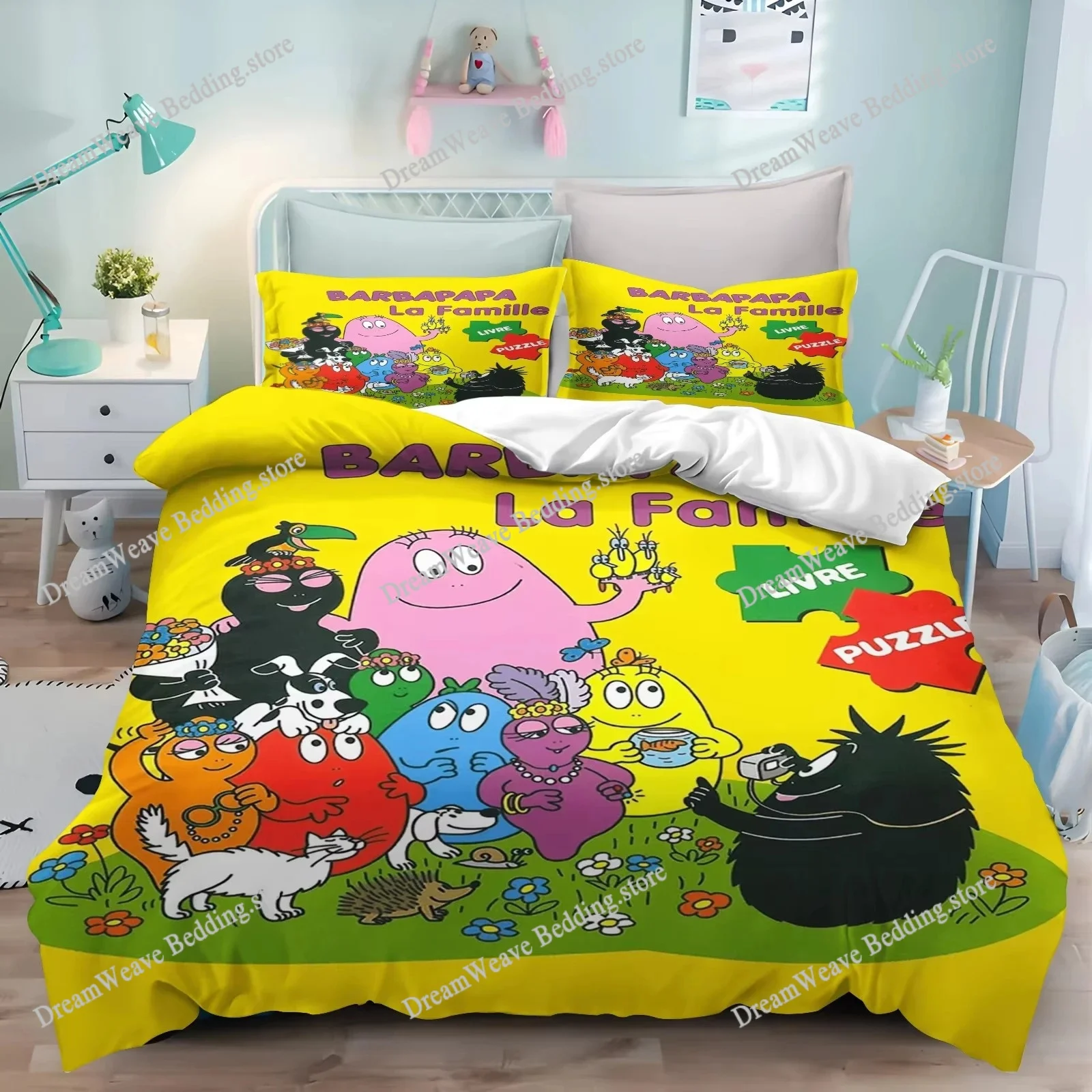 

New 3D Print Cartoon L-Les B-Barbapapa Bedding Set Double Twin King Duvet Cover Comforter Pillowcase Boys Girls Adults Bedroom