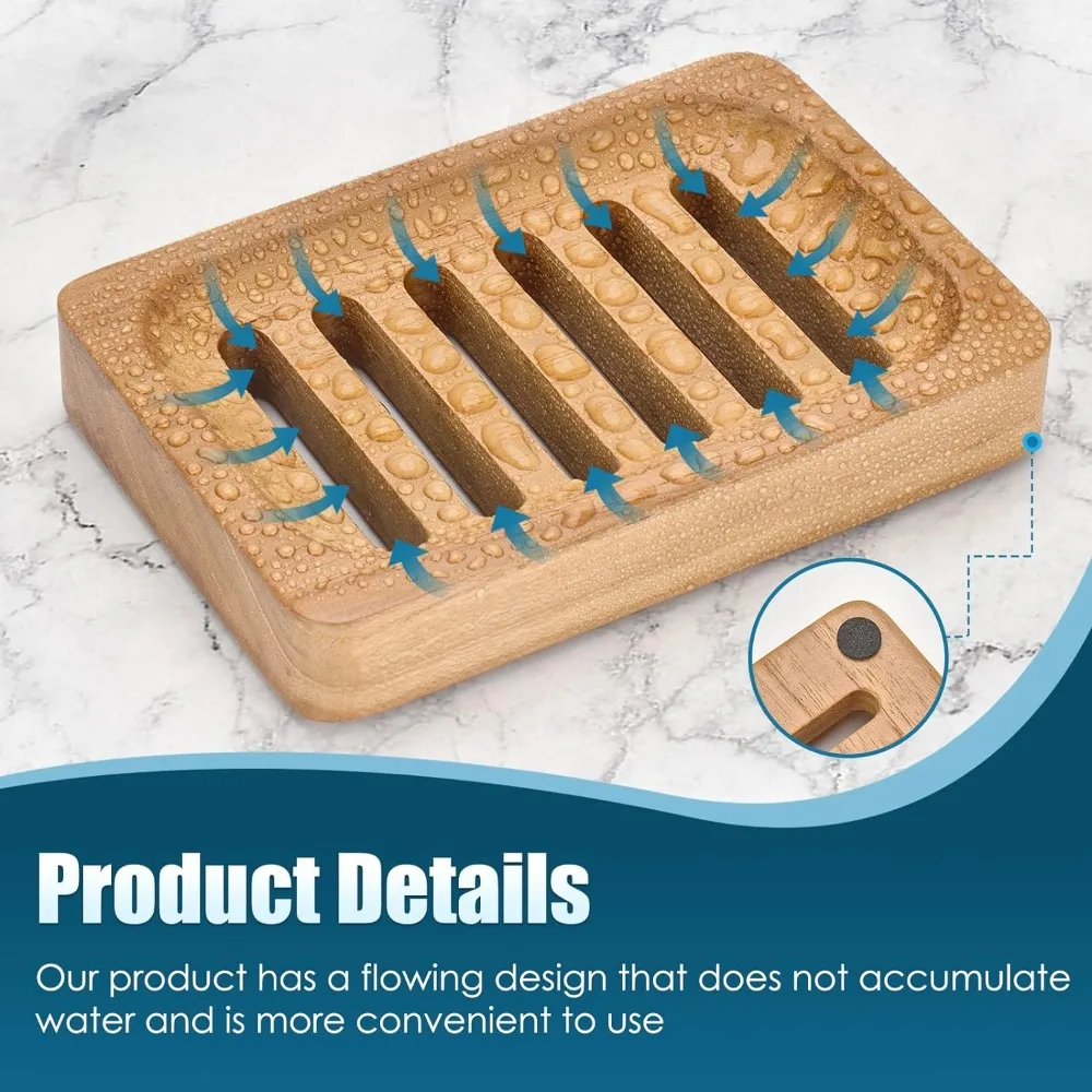 Teak Wood Soap Dish, 2 Pack Waterproof Self Draining Soap Dish - Natural Wooden Bar Soap Holder for Bathroom and Kitchen