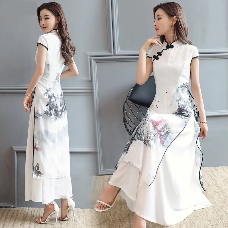 

Women Chinese Traditional Hanfu Landscape Painting Cheongsam White Dance Dress Qipao Chiffon Robe Vintage Chinese Style Dresses