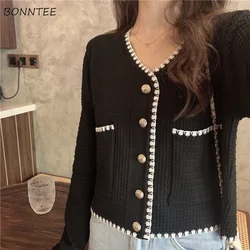 Cropped V-neck Cardigans Women Simple Elegant All-match Loose Fashion Ladies Pockets Casual Sweater Autumn Knitwear Korean Style