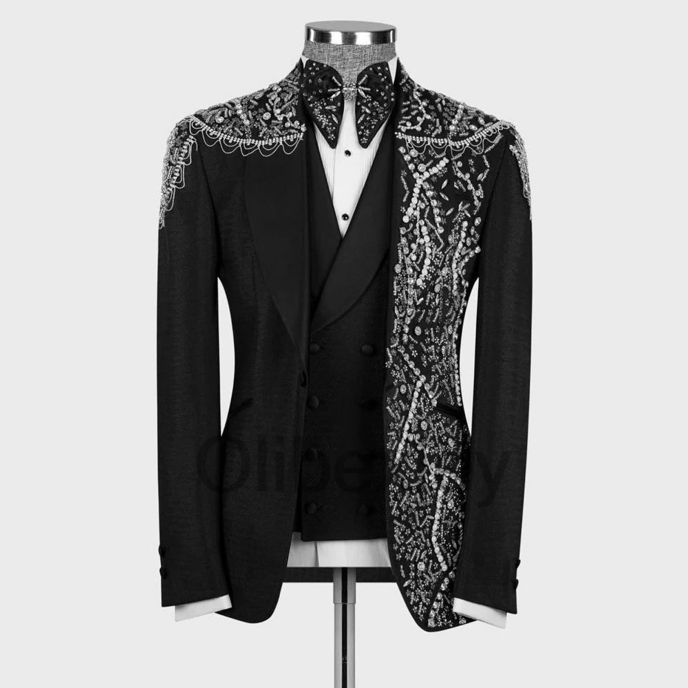 Olibexley Sparkly White Suit Set for Men Three Pieces Diamond Crystal Beaded Groom Male Blazers Wedding Tuxedos Customized S143