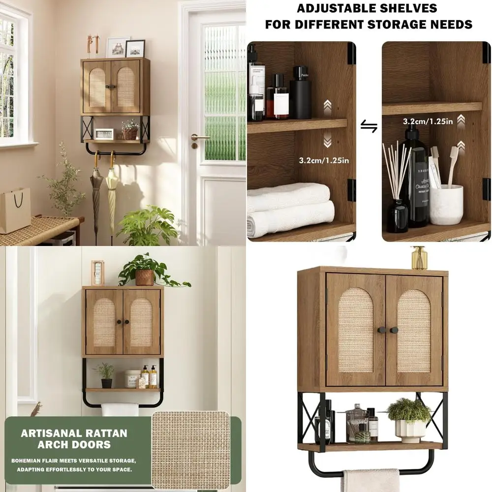 

Настенный шкафчик из ротанга в стиле бохо из дуба в деревенском стиле с местом для хранения над унитазом, арочными дверцами, регулируемыми полками и вешалкой для полотенец