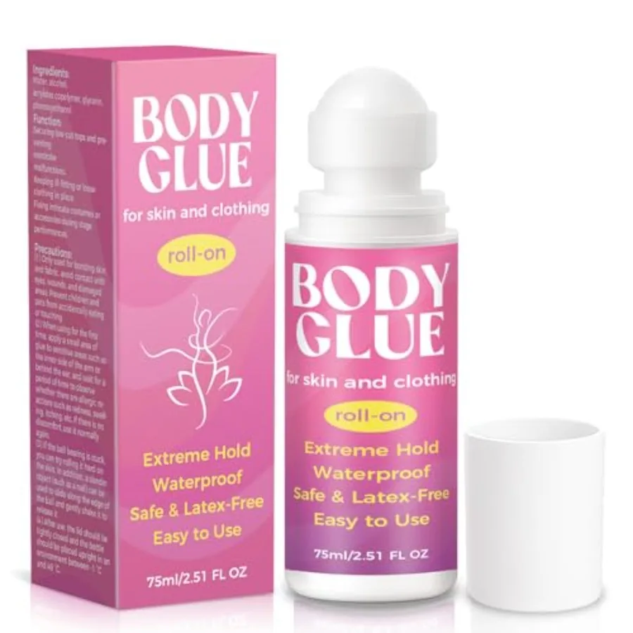 

Body Glue for Clothes and Skin 2.54 Oz Strong Body Adhesive Roll-On Sweat Resistant and Water Washable Professional Fashion Glu
