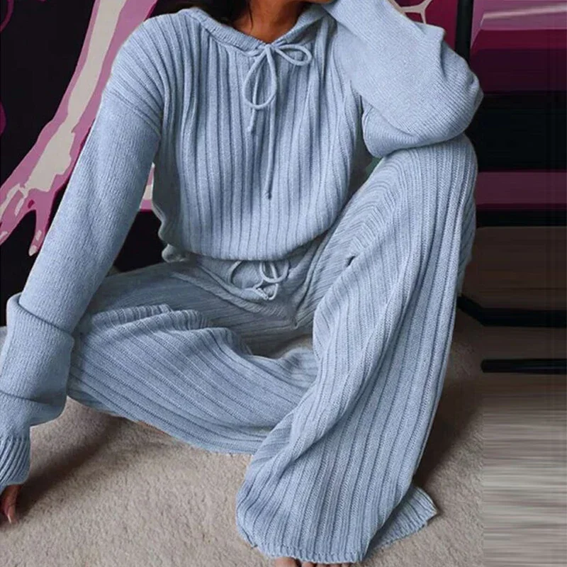 Pyjama à Capuche à Manches sulfpour Femme, Décontracté, Solide, Mode, Streetwear, Élégant, 2 Pièces, Printemps Automne