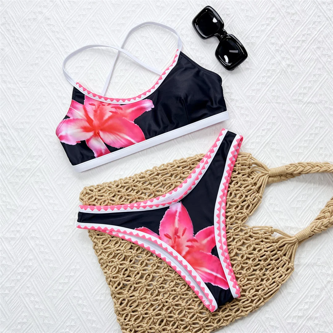 Sexy, mit Blumenmuster bedruckter, brasilianischer Bikini, Damen-Badeanzug, zweiteiliges Bikini-Set, gepolsterter Badeanzug, Badebekleidung, Modell V6705. – Detail 18
