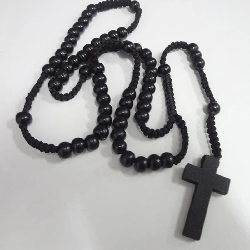 الكلاسيكية عقد خرز 4 اللون الخرز الخشبي اليد المنسوجة الصليب قلادة القلائد المعتقد الديني الكنيسة تذكارية مجوهرات هدية #5