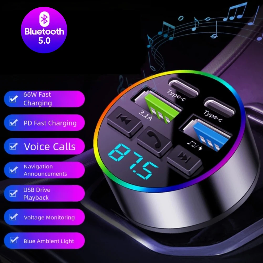 Bluetooth 5.0 FM-Transmitter Auto-Telefonladegerät MP3-Musikplayer Auto-USB-Zigarettenanzünder Multifunktionales Auto-Telefonladegerät – Detail 1