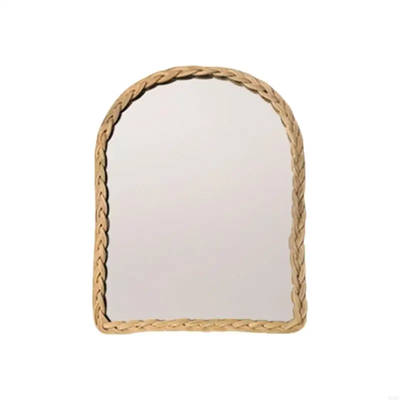 

92MF Handcrafts Retro Rattan Mirror with Wood Frame Arched Wall Hanging Mirror for Bedroom and Entryway Hallway Decoration