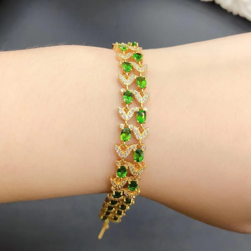 Forest Green Diopside Bracelet Total 3.6ct 3*4mm Natural Diopside Silver Bracelet 925 Silver Gemstone Jewelry with Gold Plating