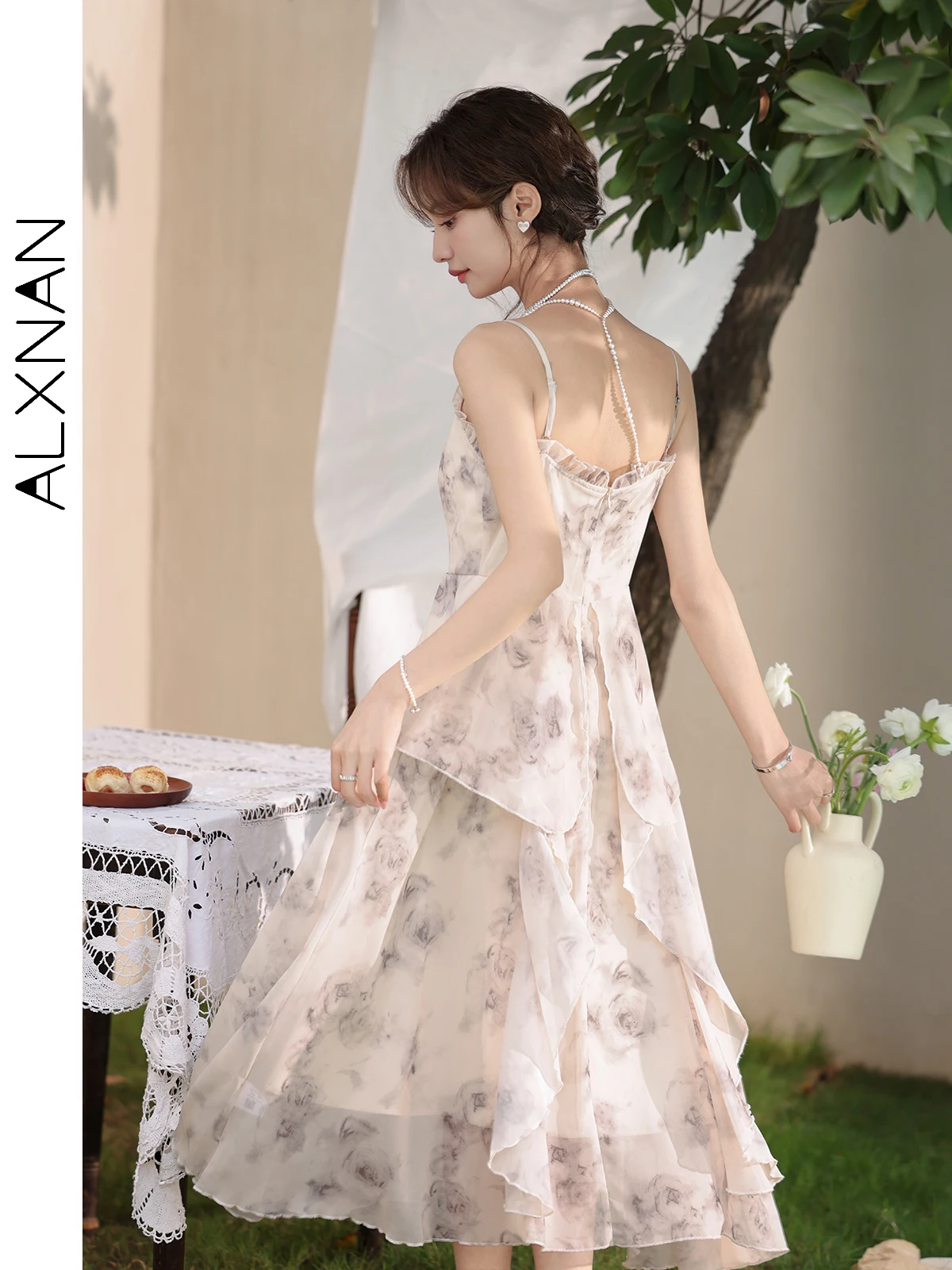 ALXNAN Damenkleid, lang, A-Linie, Rüschen, Riemen, elegant, bedruckt, Kleid, 2025, Sommerurlaub, Strandparty, Damenbekleidung, Neu, L33952