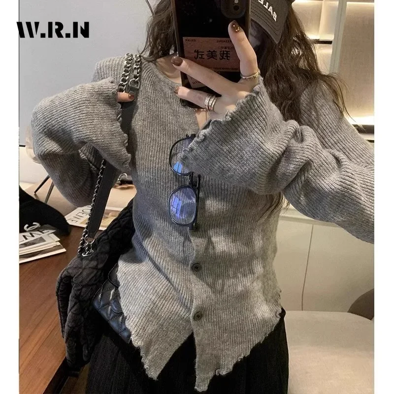 

2024 Autumn Hotsweet Long Sleeve Single Breasted Ladies Cardigans Women Gyaru Solid Color Knitting Casual O-Neck Sexy Sweater