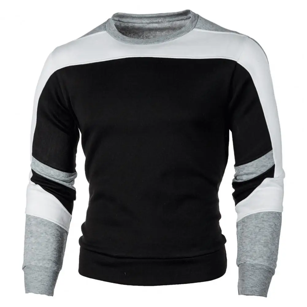 Fall Spring Men Sweatshirt Color Matching Round Neck Long Sleeve Patchwork Elastic Pullover Slim Mid Length Male Sweatshirt Top