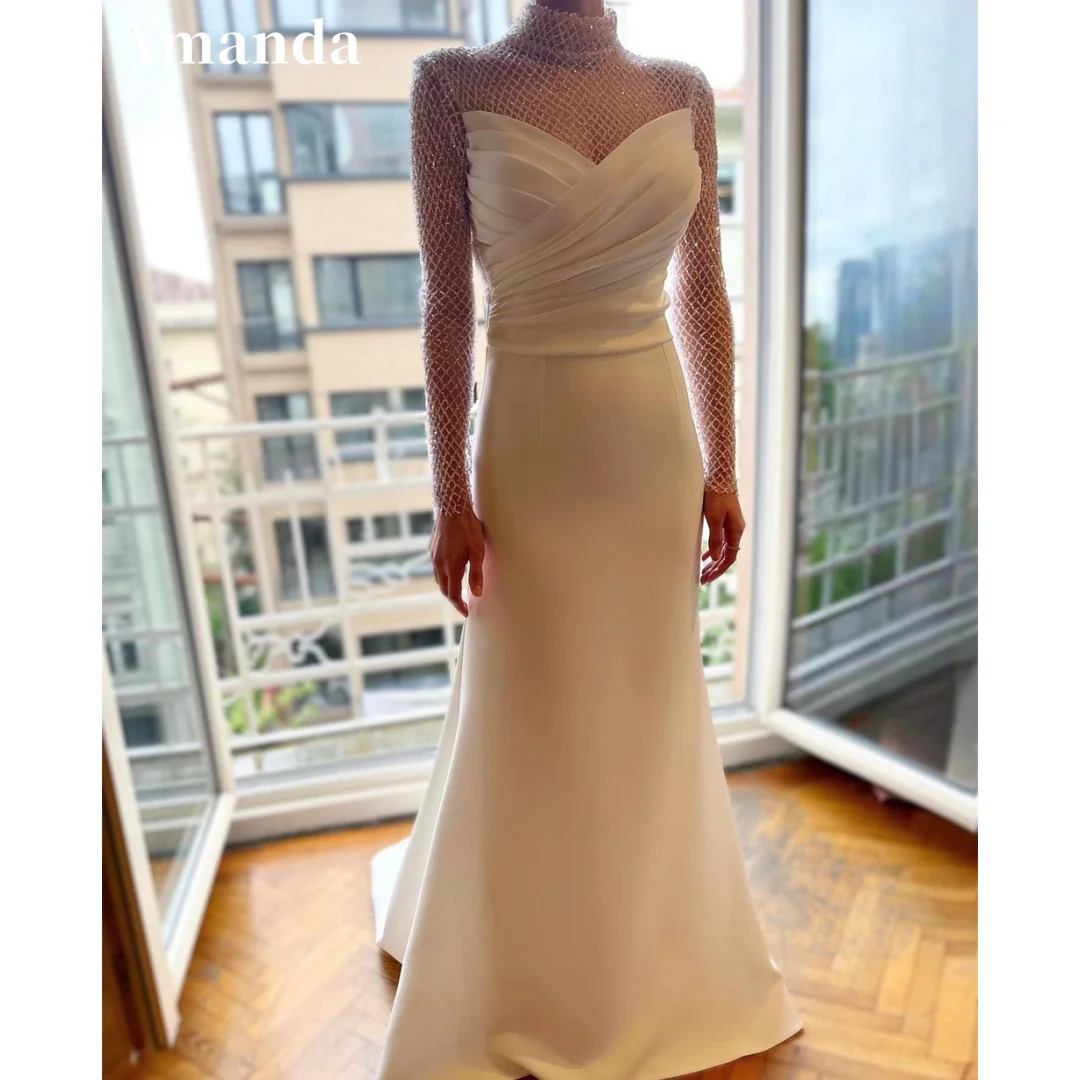 Amanda White vestidos de noche Illusion Sleeves Chiffon Prom Dresses Elegant Sweep Train Heart Shaped Neck Formal Evening 2024