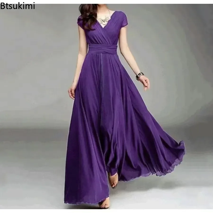 2025 Women\'s V Neck Short Sleeve Evening Party Dress Temperament Solid Colour Long Cocktail Chiffon High Waist Summer Dresses