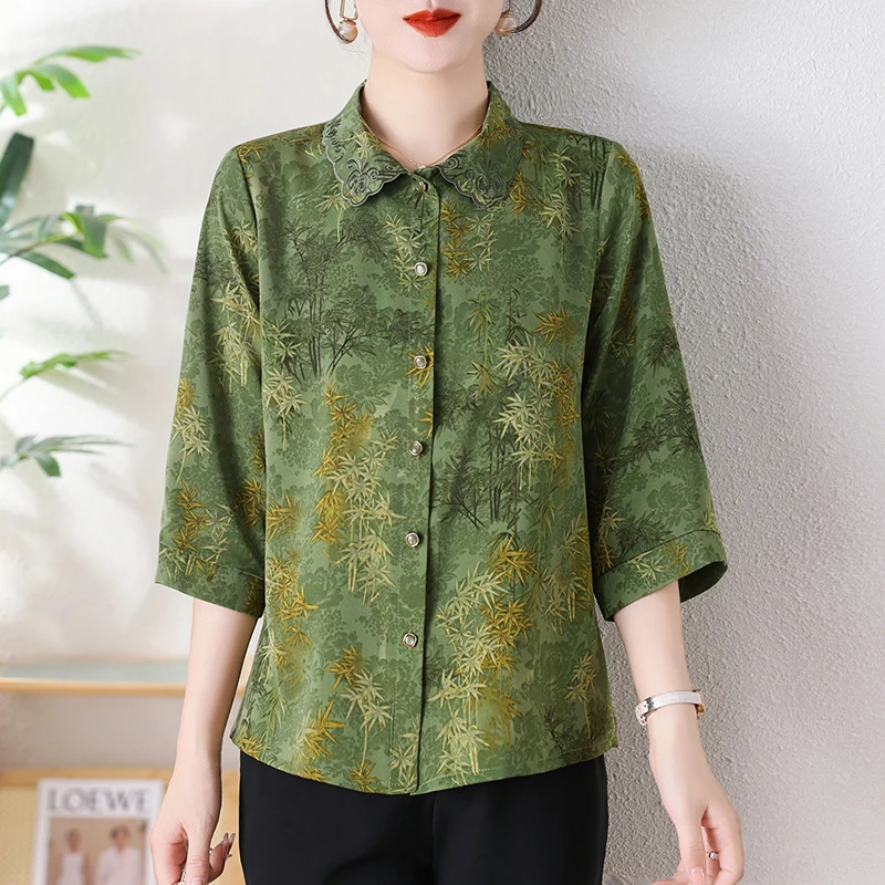 Temperament Versatile Summer Printing Women\'s Square Neck Embroid Single Row Multi Button Elegant 3/4 Sleeve Loose Shirt Tops