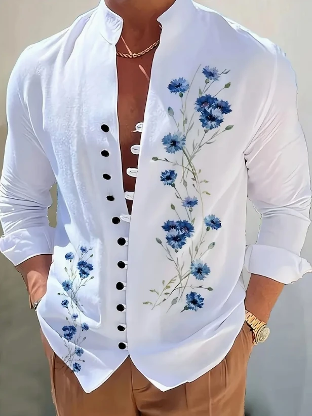 New Men's Fashion Seven Button Long Sleeve Shirt Sandy Beach Casual Shirt, High Quality Comfortable Fabric Top.