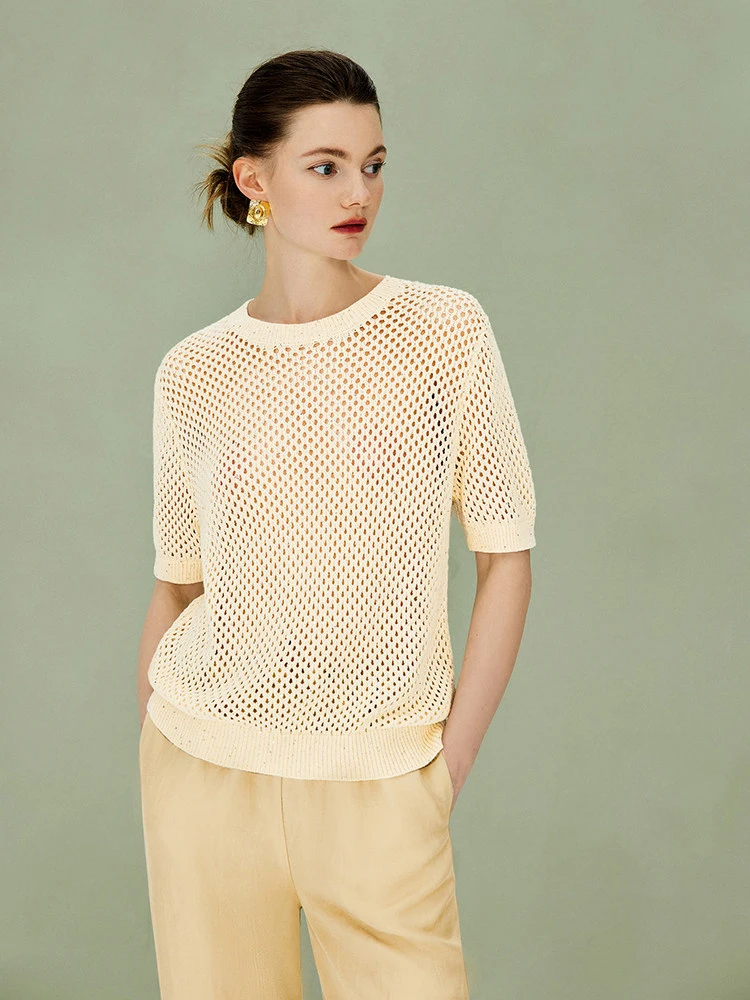 

Женский повседневный вязаный топ из хлопка с высокой степенью кручения, с кружевными вставками и вырезами, свободного кроя, с круглым вырезом, Ningxia Jian Sparkling Star