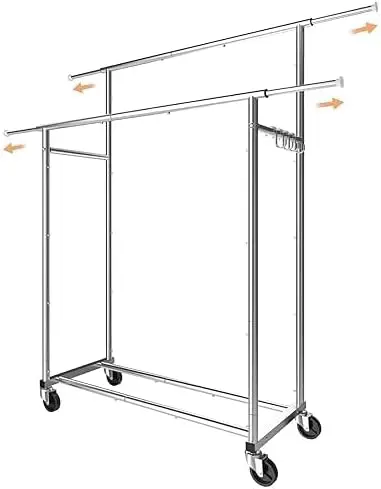 

Double Rod Clothing Garment Rack, Rolling Clothes Organizer on Wheels for Hanging Clothes,with 4 hooks, Chrome