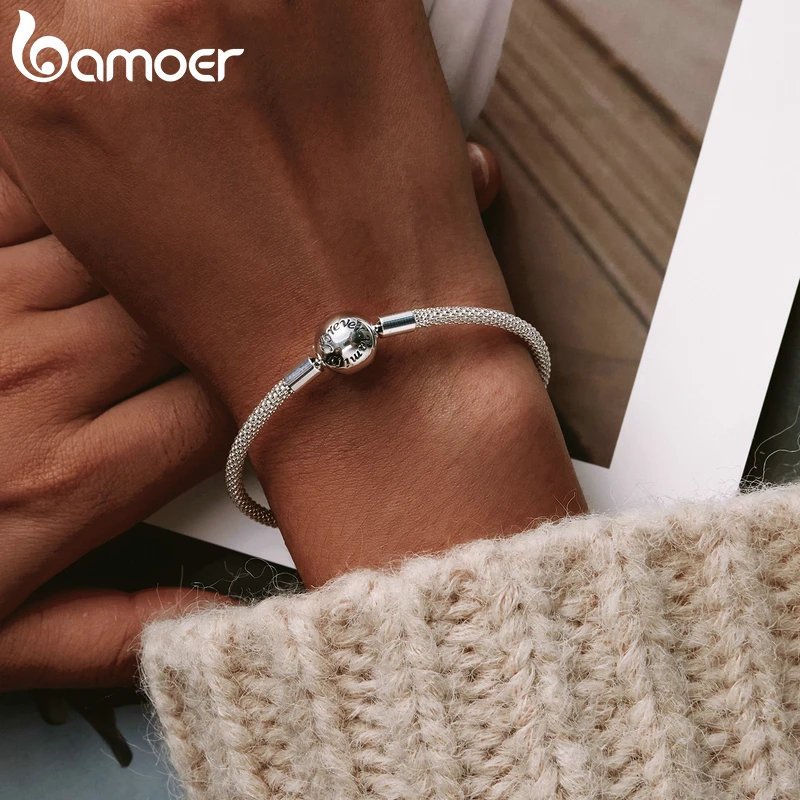 BAMOER 925 Sterling Silver Classic Love Forever Snake Chain Bracelets for Women Charm Bead DIY Fine Jewelry 17CM 19CM SCB105