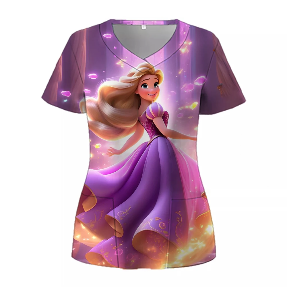 Women Working Uniform Disney Princess Print Frozen Elsa Short Sleeve V-neck Tops Femme Blouse Nurse work wear Medical Uniforms