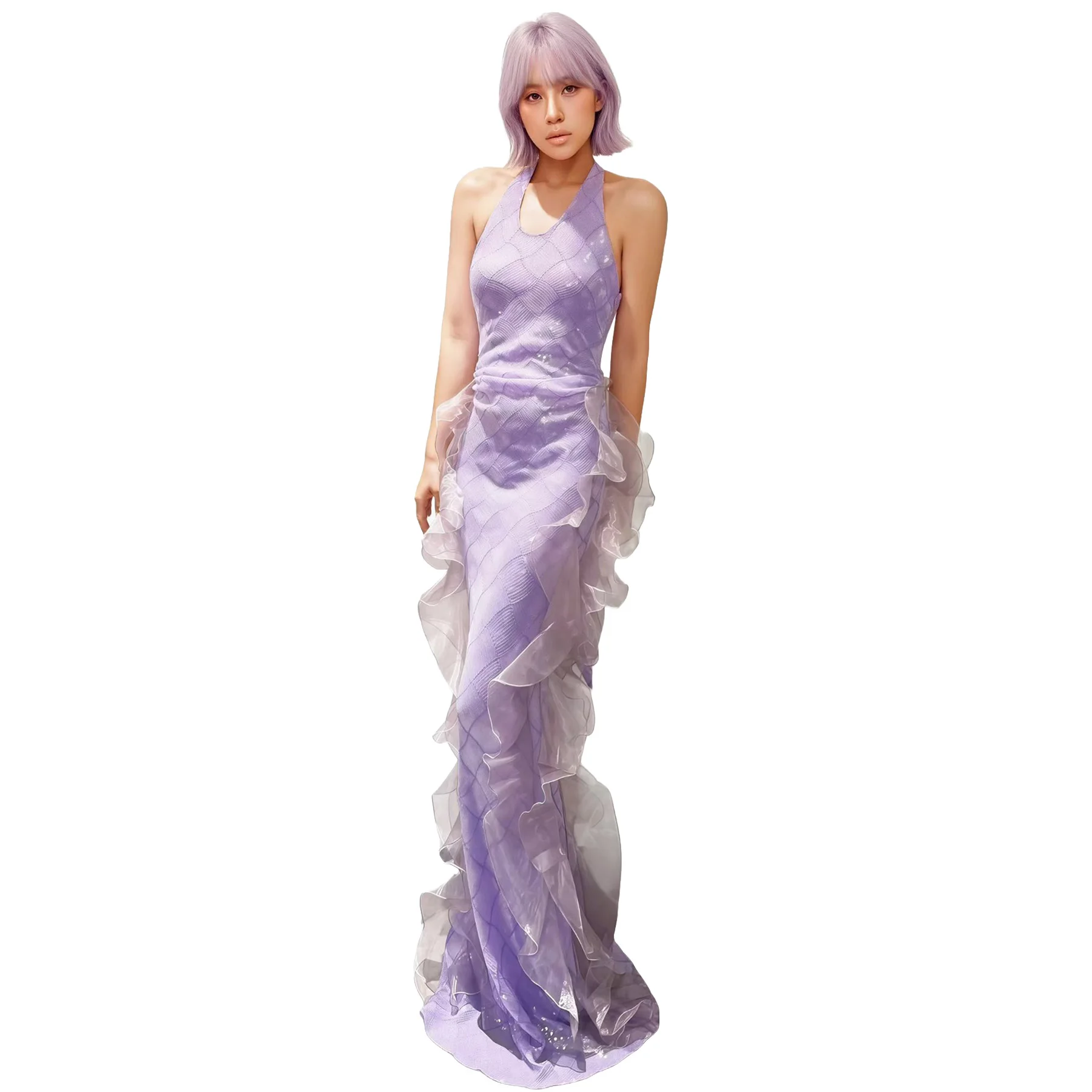 Yuni Elegant Halter Neck Lavender Sequined Mesh Mermaid Long Dress Irregular Cascading Organza Ruffle Bridal Gala Outfit