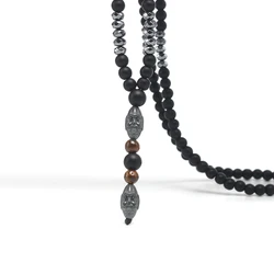 Matte Black Obsidian Hematite Spacer Beads with Old Man Head and Tiger-eye Stone Y Necklace