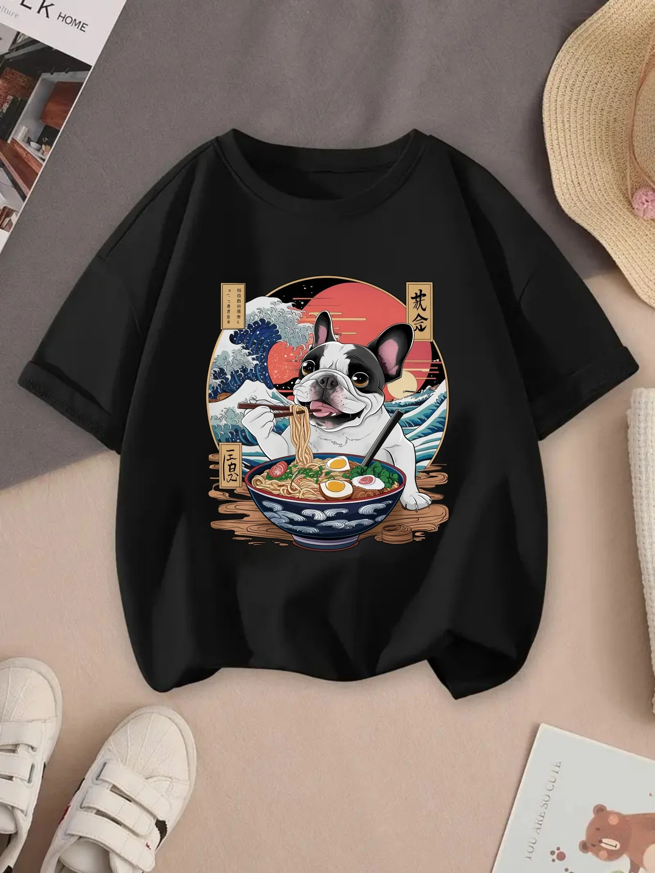 Cartoon French Bulldog Ramen Graphic Parent Child T Shirts Boys Girls Family Matching Short Sleeve Soft Summer Daily Tees