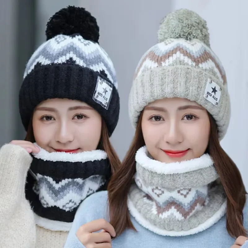 2PCS Winter Plush Warm Scarf Hat Set for Women Velvet Windproof and Cold Proof Ear Protection Outdoor Bicycle Commuting Set