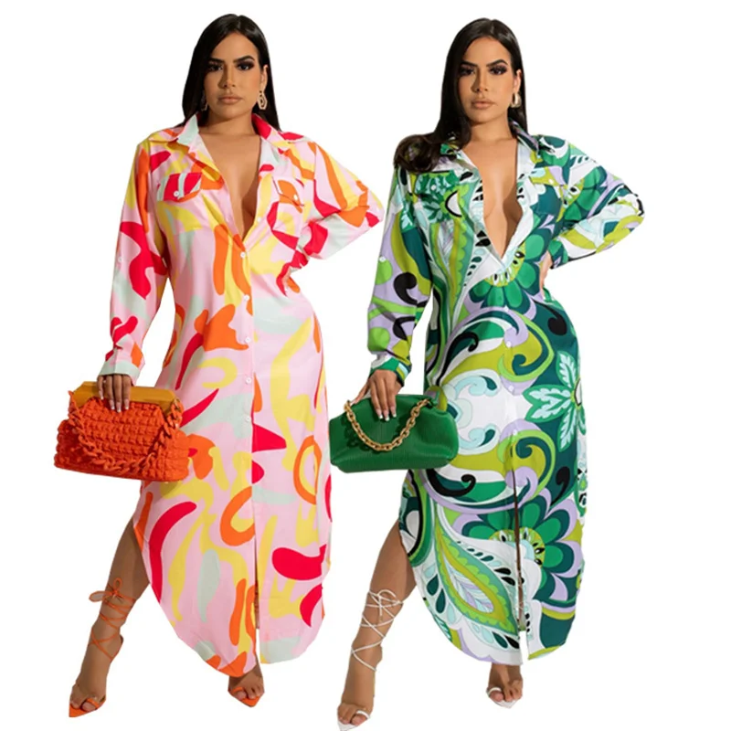 Loose Casual Floral Print Shirt Dress Women Turn-Down Collar Single Breasted Maxi Dresses Long Sleeve Party Birthday Long Dress