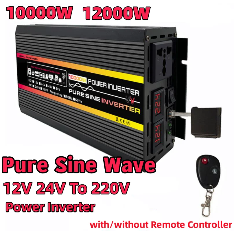 10000/12000W Pure Sine Wave Inverter DC 12V 24V To AC 220V Power Inverter with/without Remote Controller for Home Outdoor RV Car