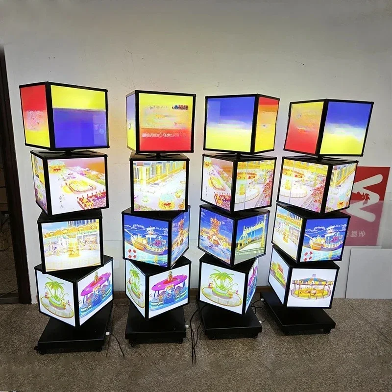 4 sides, 4 floors, 16 posters, rotating display, custom floor-to-ceiling menu board, cube advertising light box, rotating light