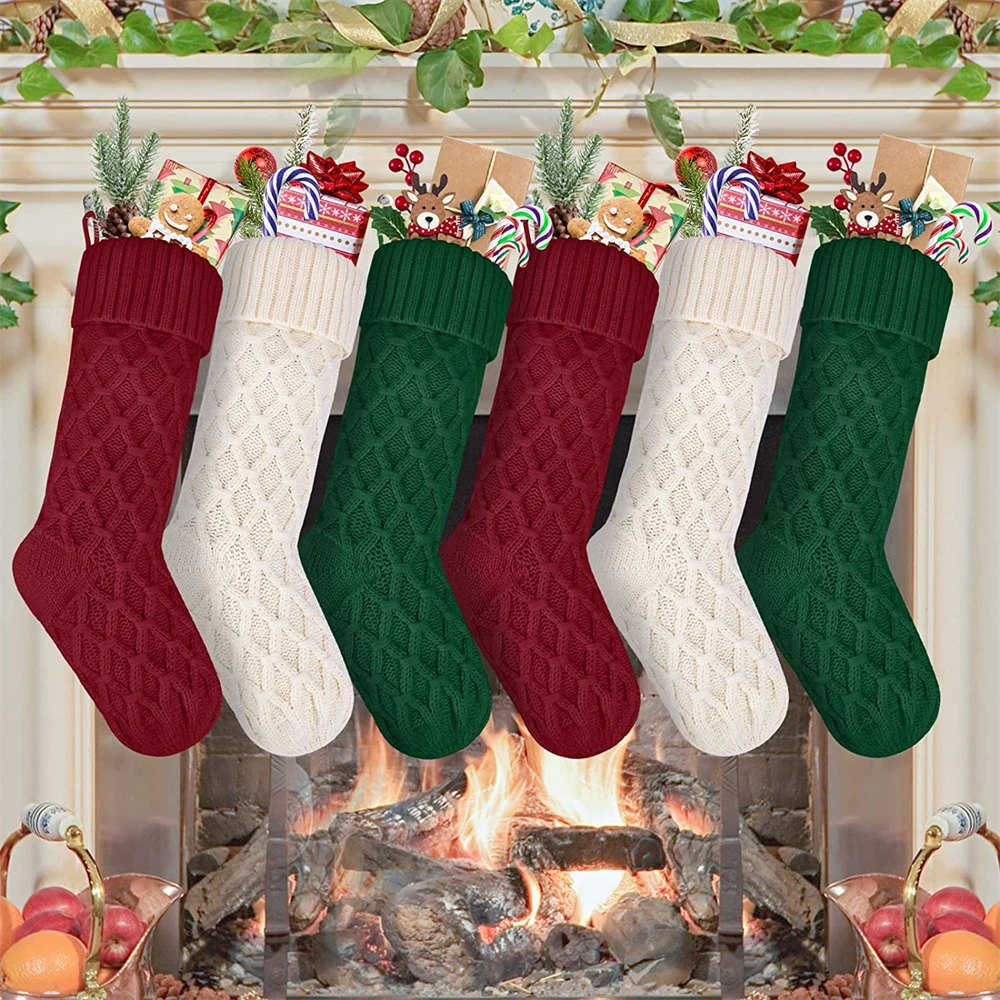 

2024 Christmas Long Stockings Decorations Knitting Fireplace Pendant Gift Bag Santa Claus Hanging Organizer Xmas Tree Ornaments