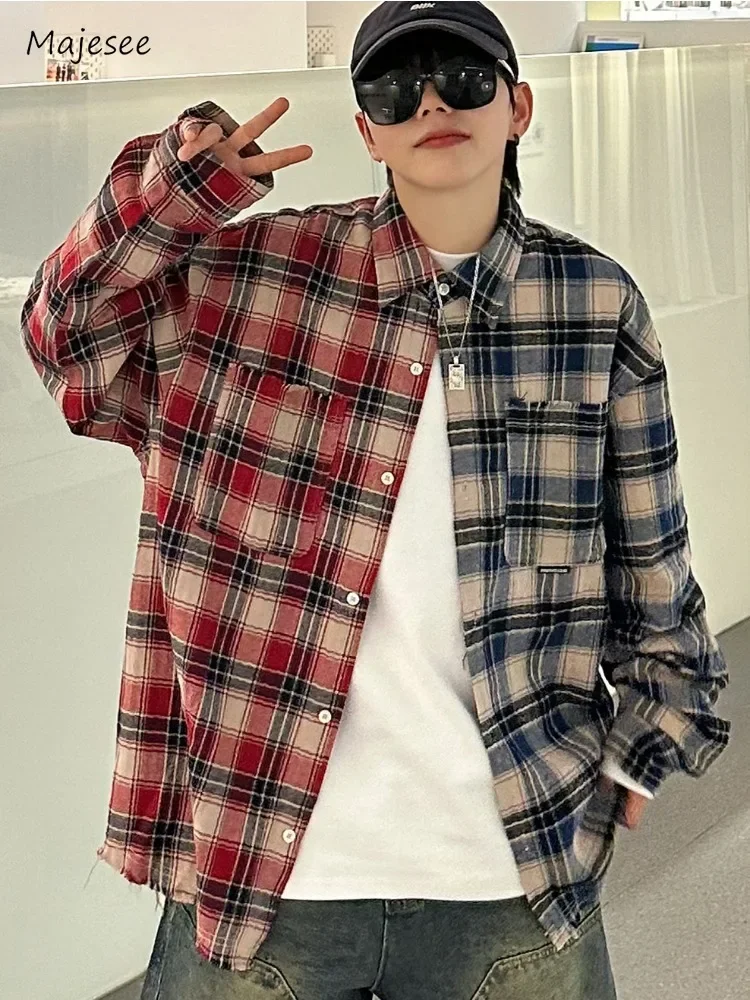 

Plaid Shirts Men Patchwork Contrast Color Vintage Autumn Baggy All-match Handsome American Style Casual Youthful Long Sleeve New