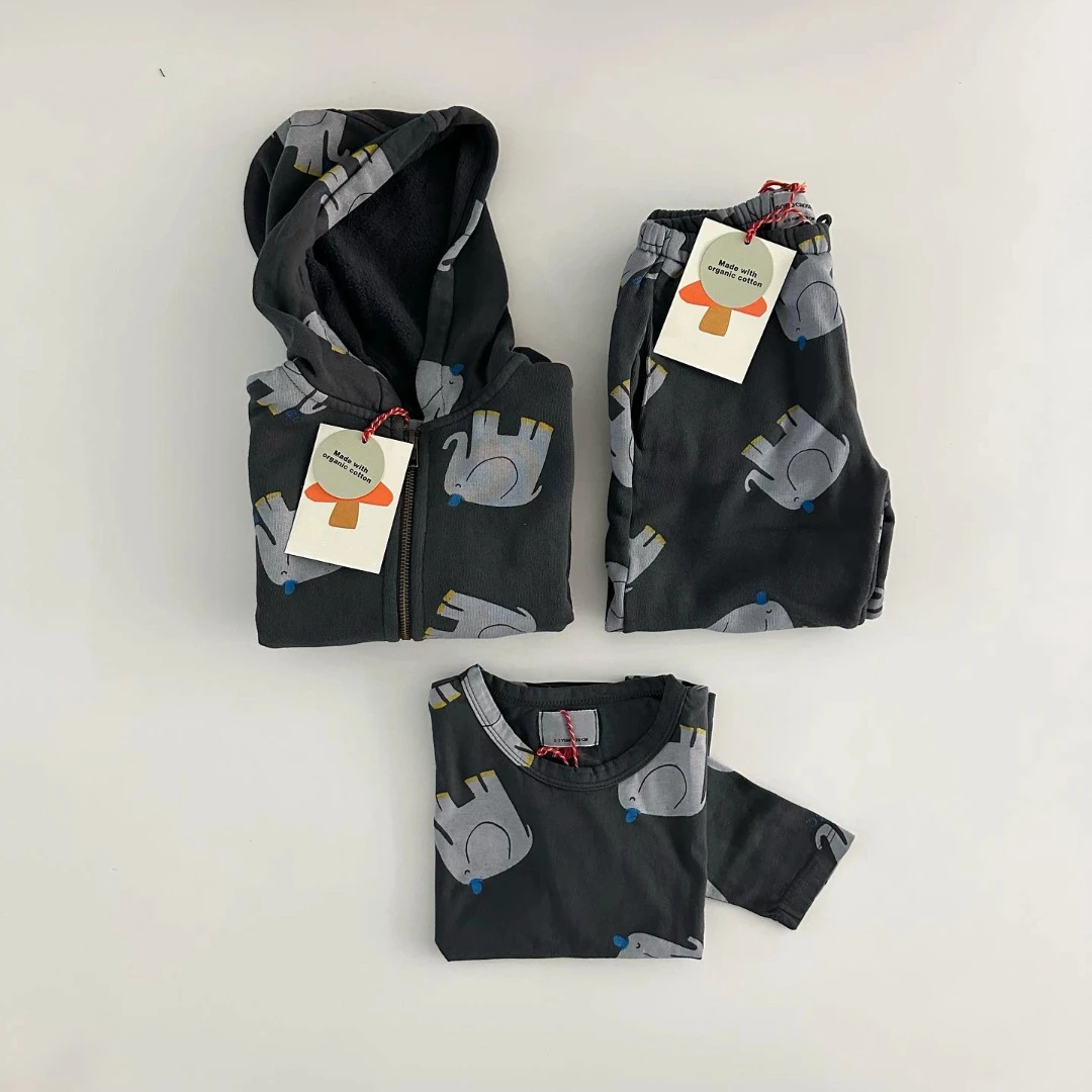 

2025 Autumn/Winter Korean Style Children's Cartoon Elephant Cat Eye Printed Velvet Hooded Zipper Pants Sports Hoodie T-shirt Set