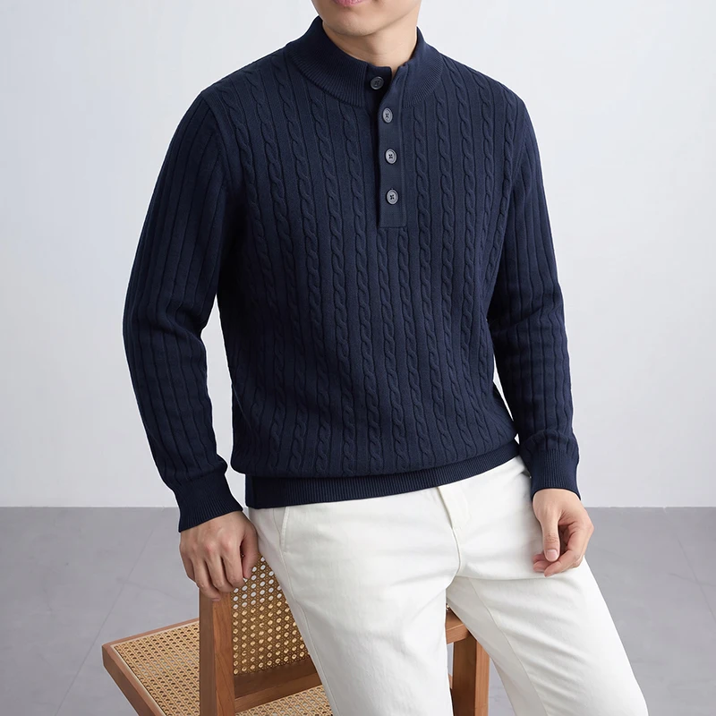New Trendy Wool Warm Buttons Sweater Men Retro Twisted Thick Mock Neck Jumper Long Sleeve Knitwear Pullover Knitting Clothes