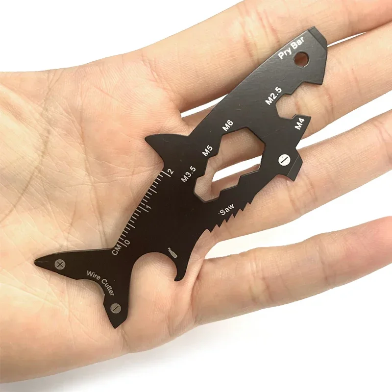 1PCS 15 in 1 Outdoor Portable EDC Survival Tool Card Shark Shaped Bottle Opener Multifunctional Keychain