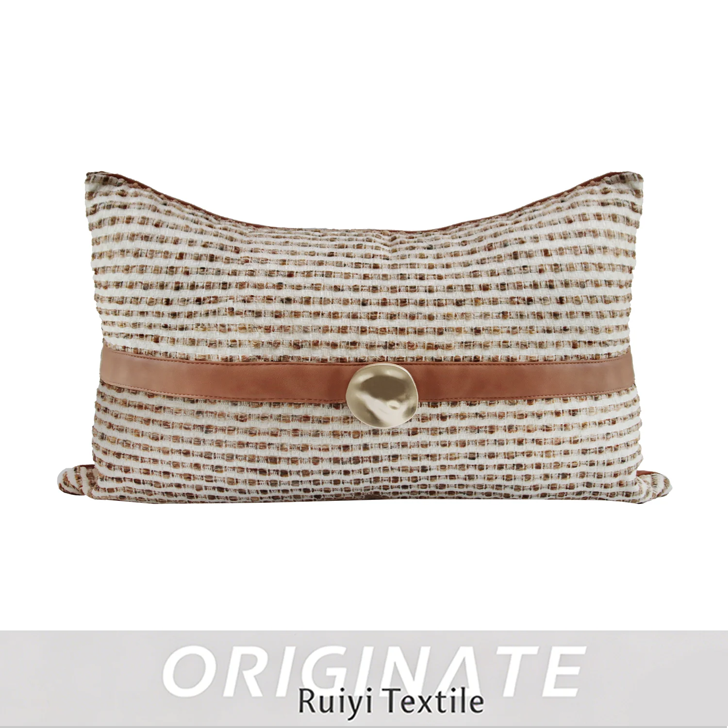 RUIYI Mid Century Vintage Lumbar Pillow Cover Heather White Brown Rough Tweed Fabric With Decorative Metal Buckle 50x30cm