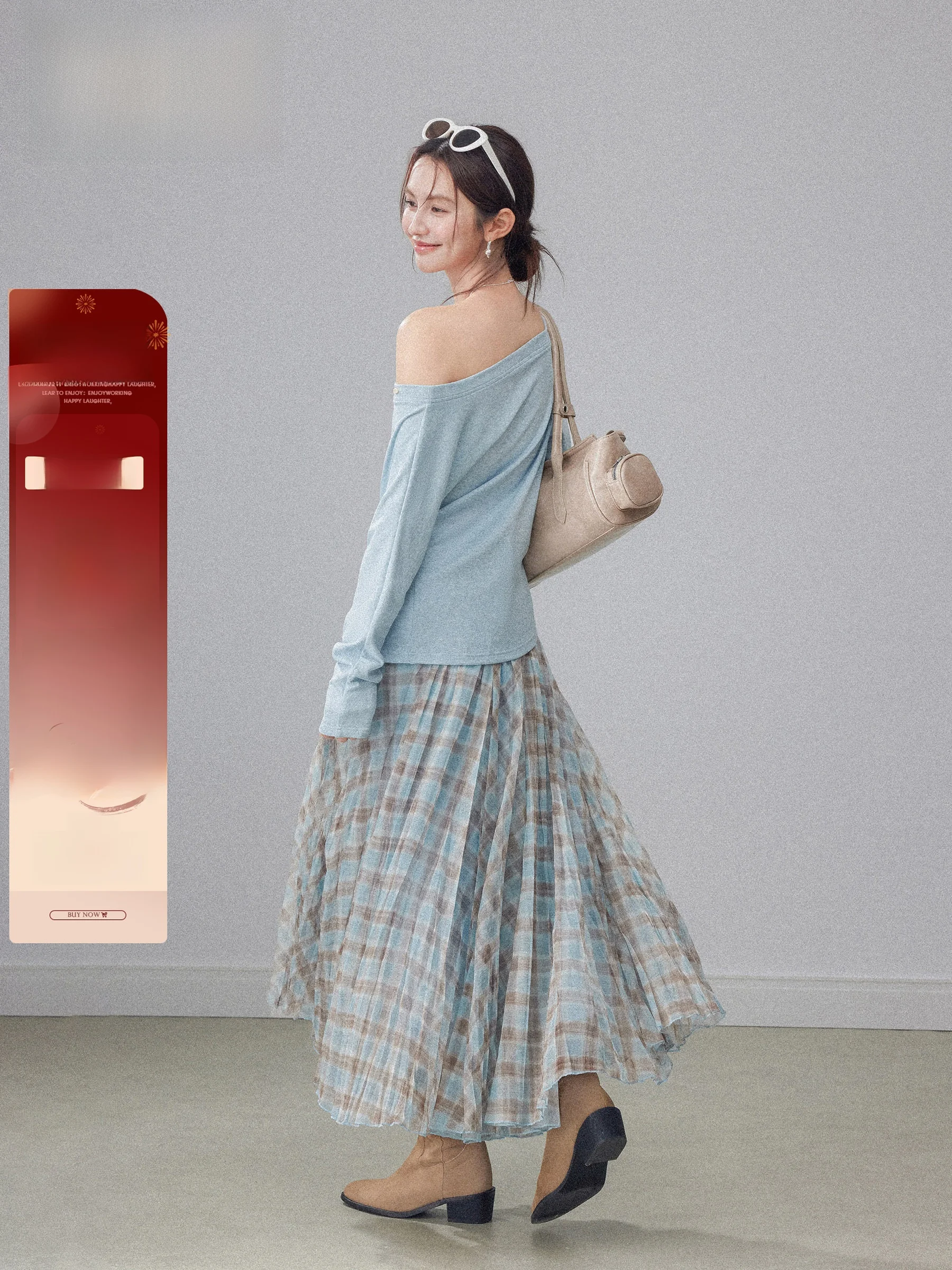 

Blue Plaid Chiffon ter Ne Dr Women's High Waist Slimming Drapey Skirt Spring 2026 New Sle A-Line Skirt