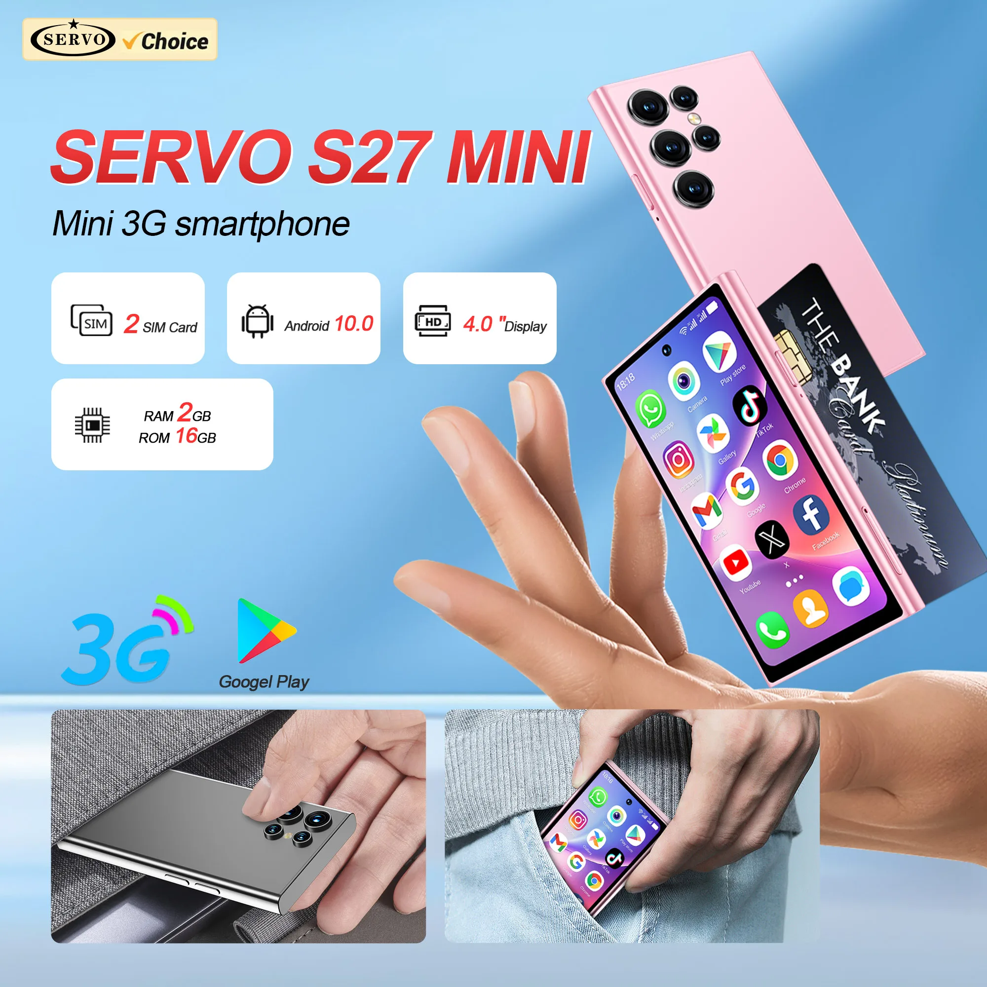 SERVO S27 MINI Android Palm Smartphone 3G WCDMA RAM 2GB ROM 16GB Google Play Face Unlock Dual SIM 4.0'' Display Mini Smart Phones