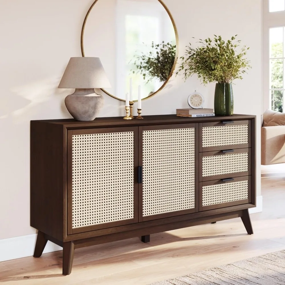 Rattan Pre-Assembled Buffet Sideboard with 3 Drawers & 2 Doors, Jasper Storage Cabinet