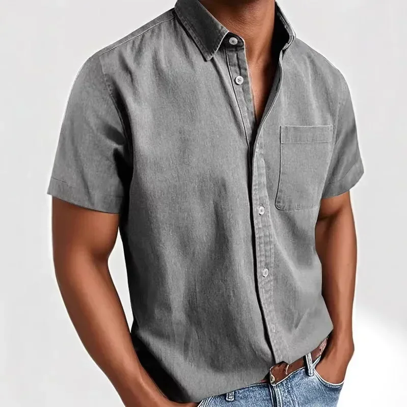 2025 Summer Men's Turn-down Collar Short Sleeve Pocket Solid Color Shirts Washed Vintage Casual Trendy Single-breasted Shirts