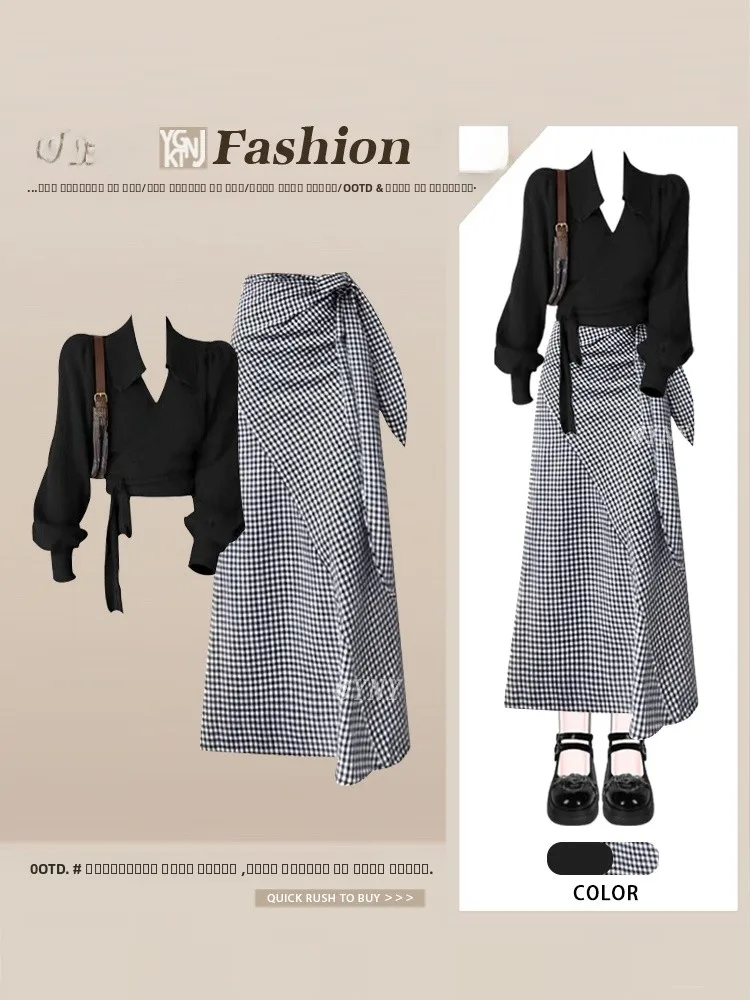 

Осенняя коллекция: женский вязаный свитер с длинным рукавом и модная клетчатая юбка-полусолнце, комплект из двух предметов, V-образный вырез, ретро-стиль, повседневная одежда